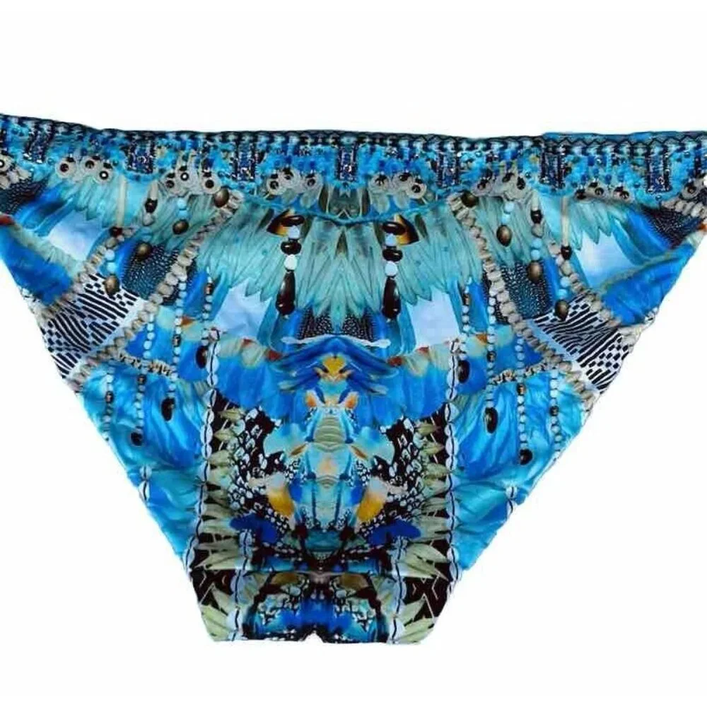 Camilla - Women's XL Bikini Bottom Side Tie Adjustable Blue Gem Beaded Luxury - Picture 3 of 10